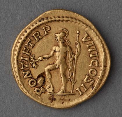 Gold Roman coin featuring a nude gladiator posing.