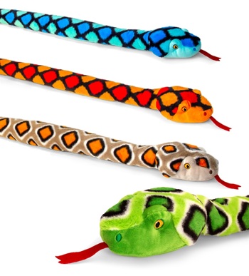 Colourful plush toy snakes.