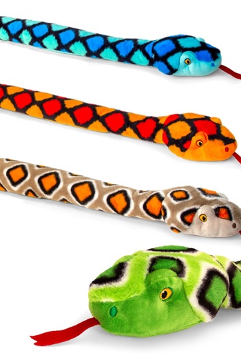 Colourful plush toy snakes.