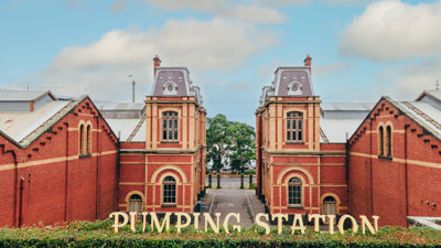 Pumping Station sign and building façade.