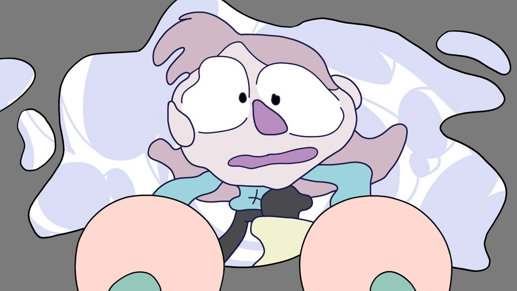 Animated person peering into a puddle and looking at their reflection distorted by the water.