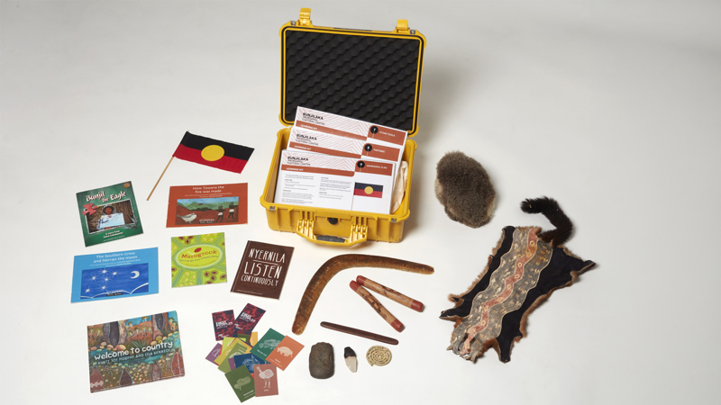 First Peoples outreach kit, box with objects arranged around it, material linked to curriculum, years F to 4