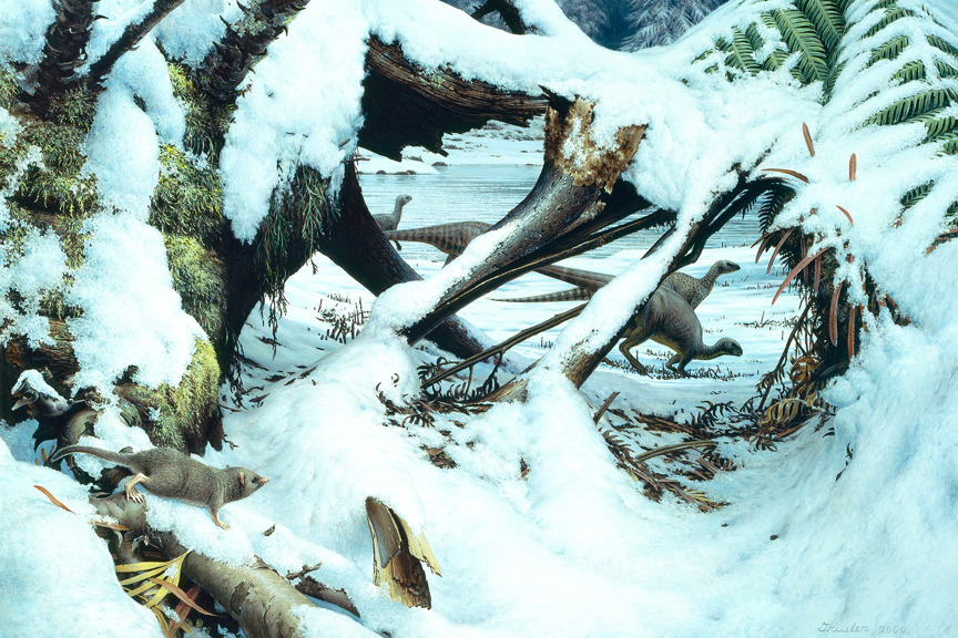 a painting of a snowy scene featuring a small mouse like creature and dinosaurs in the distance