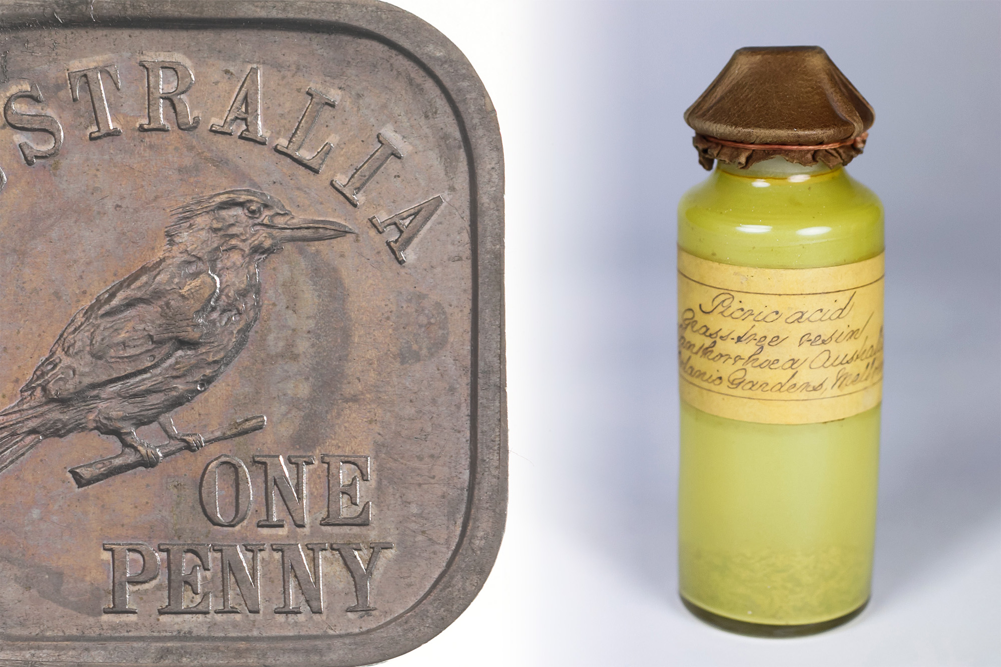 an image of a share one penny coin next to a vial of yellow powder