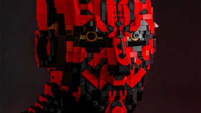 The head of the Sith Lord Darth Maul created out of LEGO for LEGO® Star Wars: The Exhibition at Melbourne Museum.