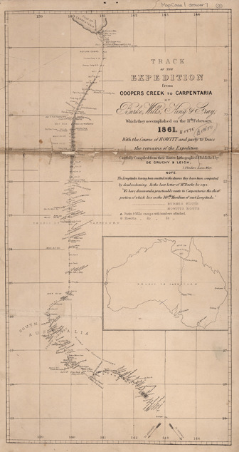 An old faded map showing a path across mainland Australia