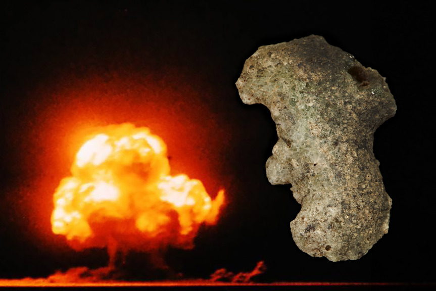 An image of a fiery mushroom cloud next to a piece of green-tinged glass