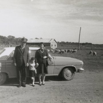 A family of three stand outside a car in front of a farm with sheep grazing in the background.