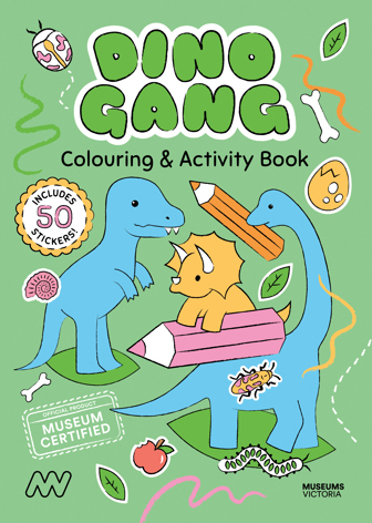 Front cover of the Dino Gang Colouring & Activity Book.