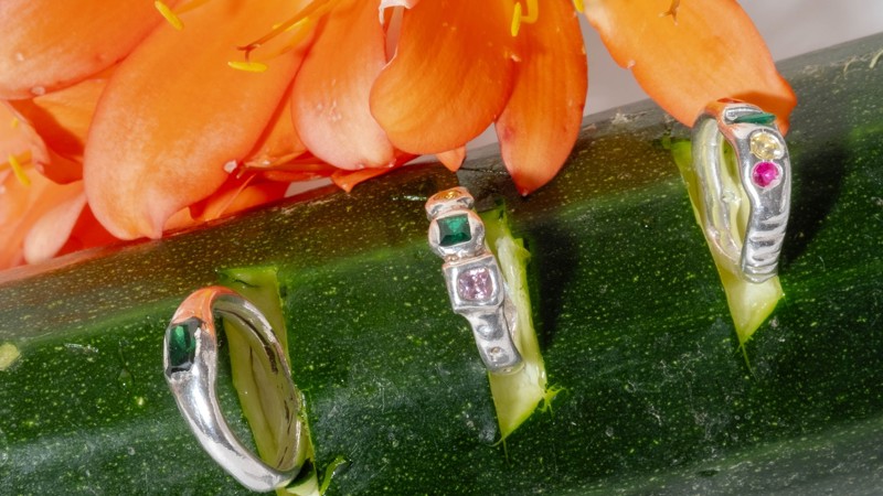 Silver rings displayed on a cucumber.