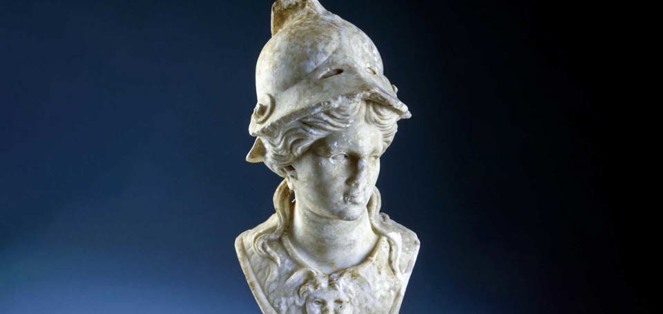 Marble statue of the bust of the roman goddess Athena.