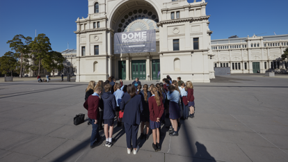 Students gathering outside the Royal Exhibition Buildng.